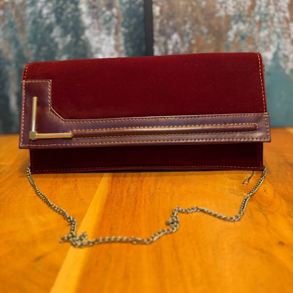 Vintage 1970s Archival Burgundy Velvet and Leather-Look‎ Geometric Clutch