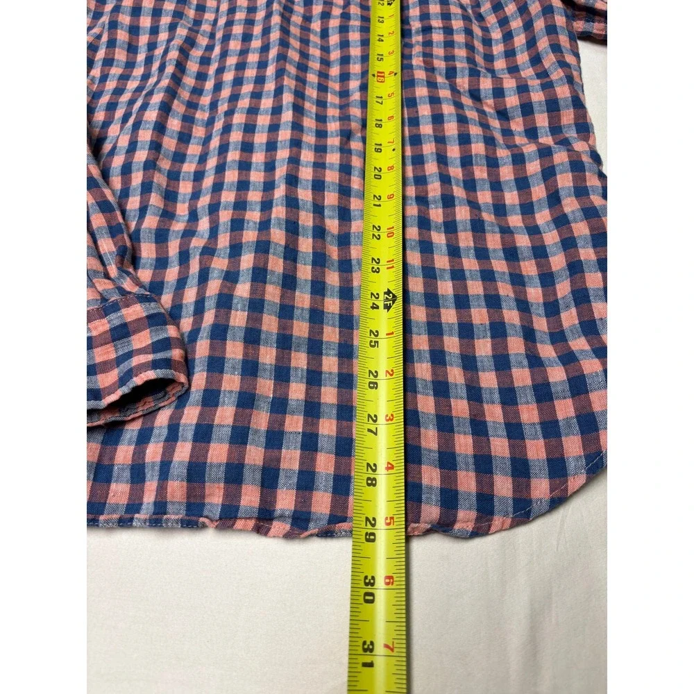 Banana Republic Camden Fit Mens Medium 100% Linen Gingham Shirt Navy Coral Pink