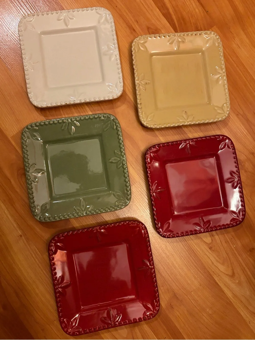 Square Ceramic Dessert Plate Set in Red, Green, Yellow & Cream - Home Dining