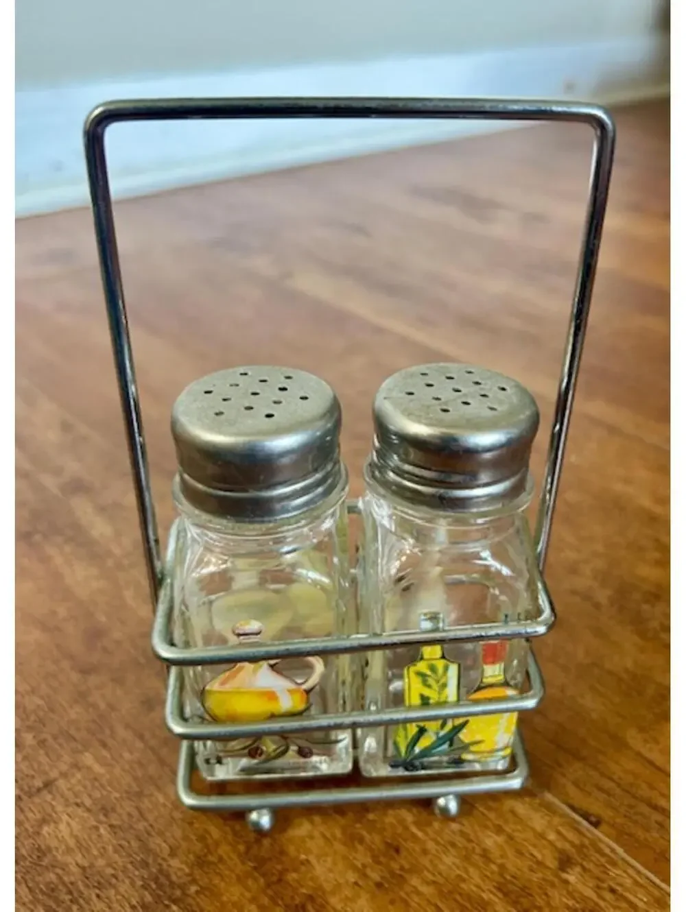 Vintage Glass Salt & Pepper Shakers w Metal Carrier Decorated w Herbs Bottles