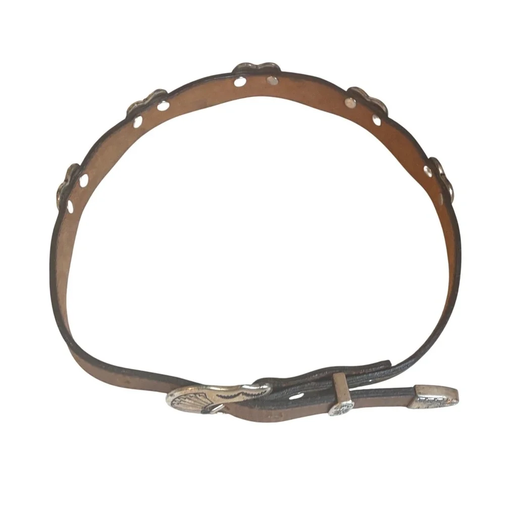 Vintage Western Tan Leather Scalloped Heart Concho Belt Silver Buckle Tip 26