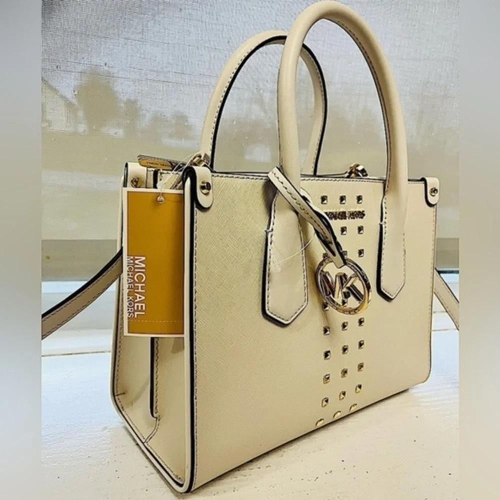 Michael Kors Maple Studded Satchel Crossbody Cream Leather NWT