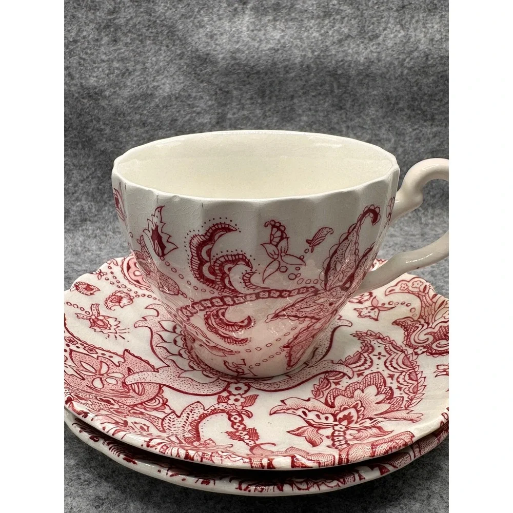 Johnson Bros Paisley Red Transferware Ironstone Tea Cups and Saucers Set of 5