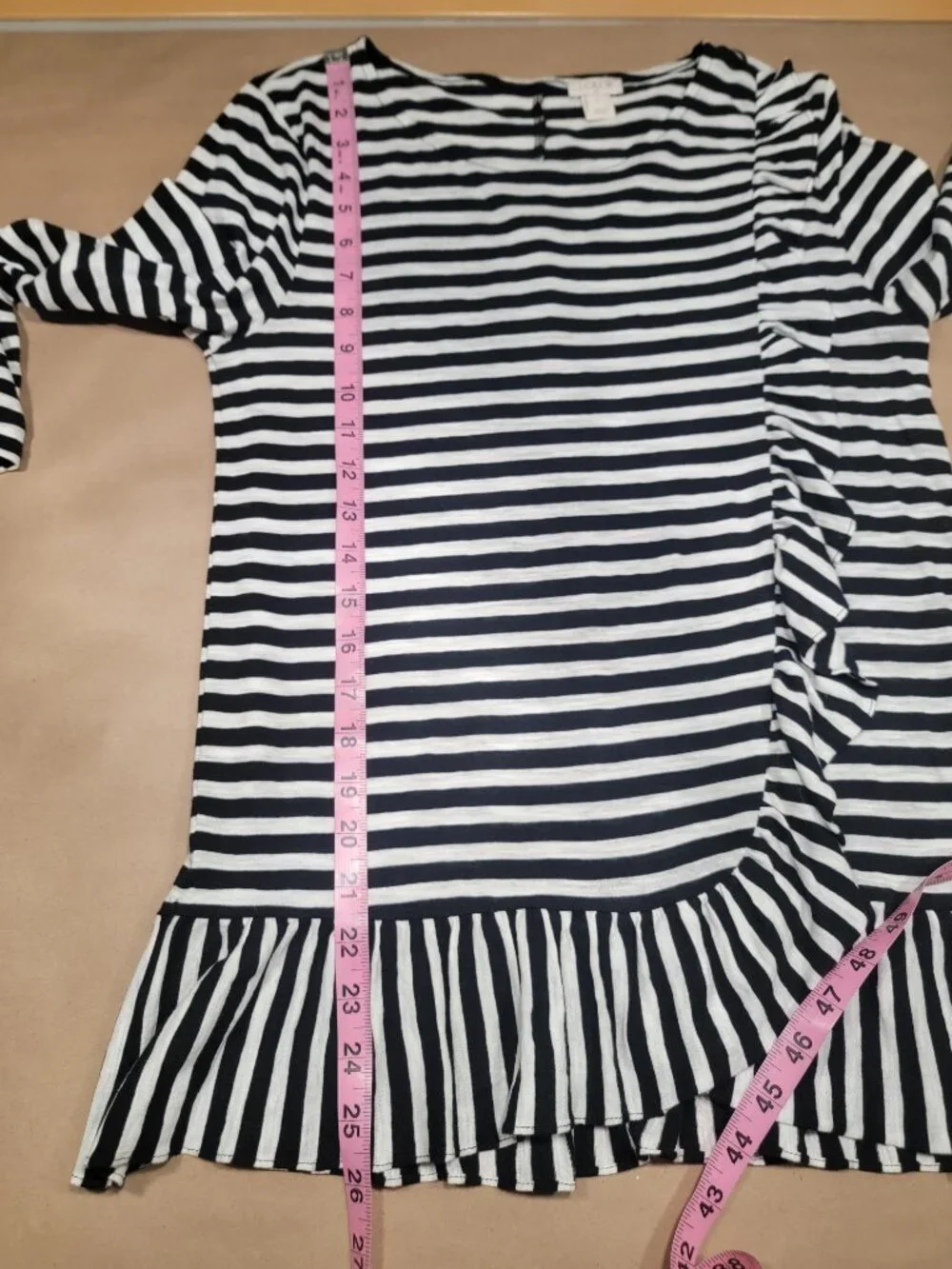 J. Crew Size S Black & White Striped Ruffled Trim Tunic with Asymmetrical Ruffle
