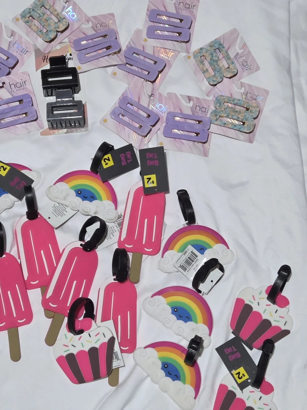 Assorted Pink Popsicle, Rainbow & Cupcake Bag Tags and Pastel Hair Clips-