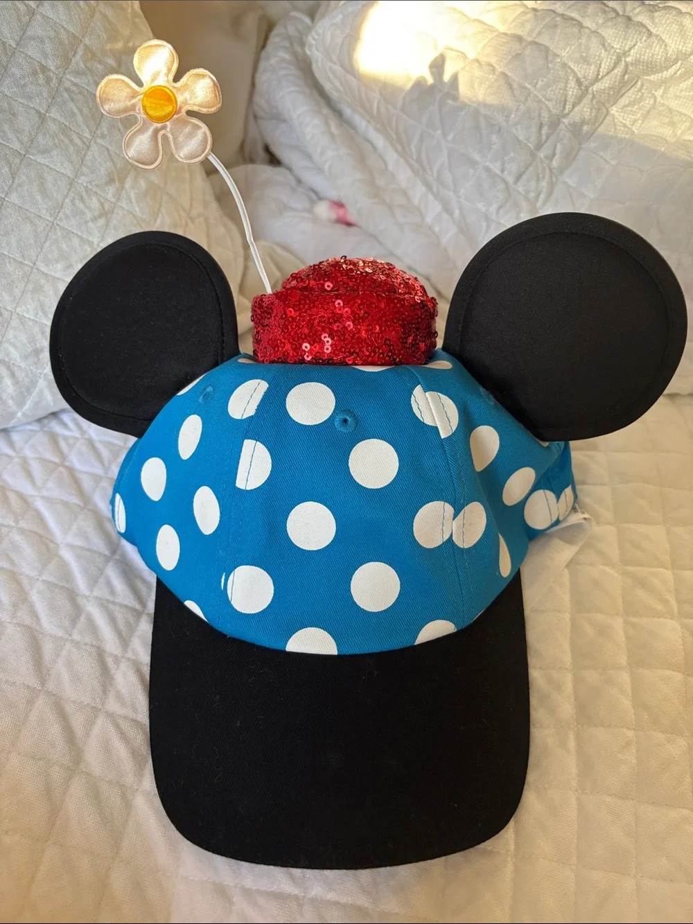 Disney Blue and White Polka Dot Minnie Ear Hat with Red Sequin Top and Daisy