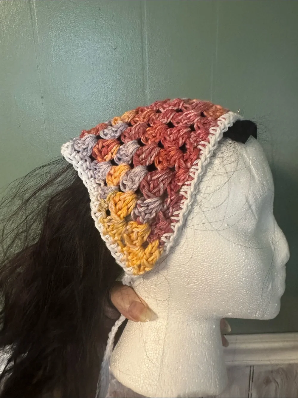 Hand-Crocheted Multicolor Triangle Headscarf — Coral & Yellow