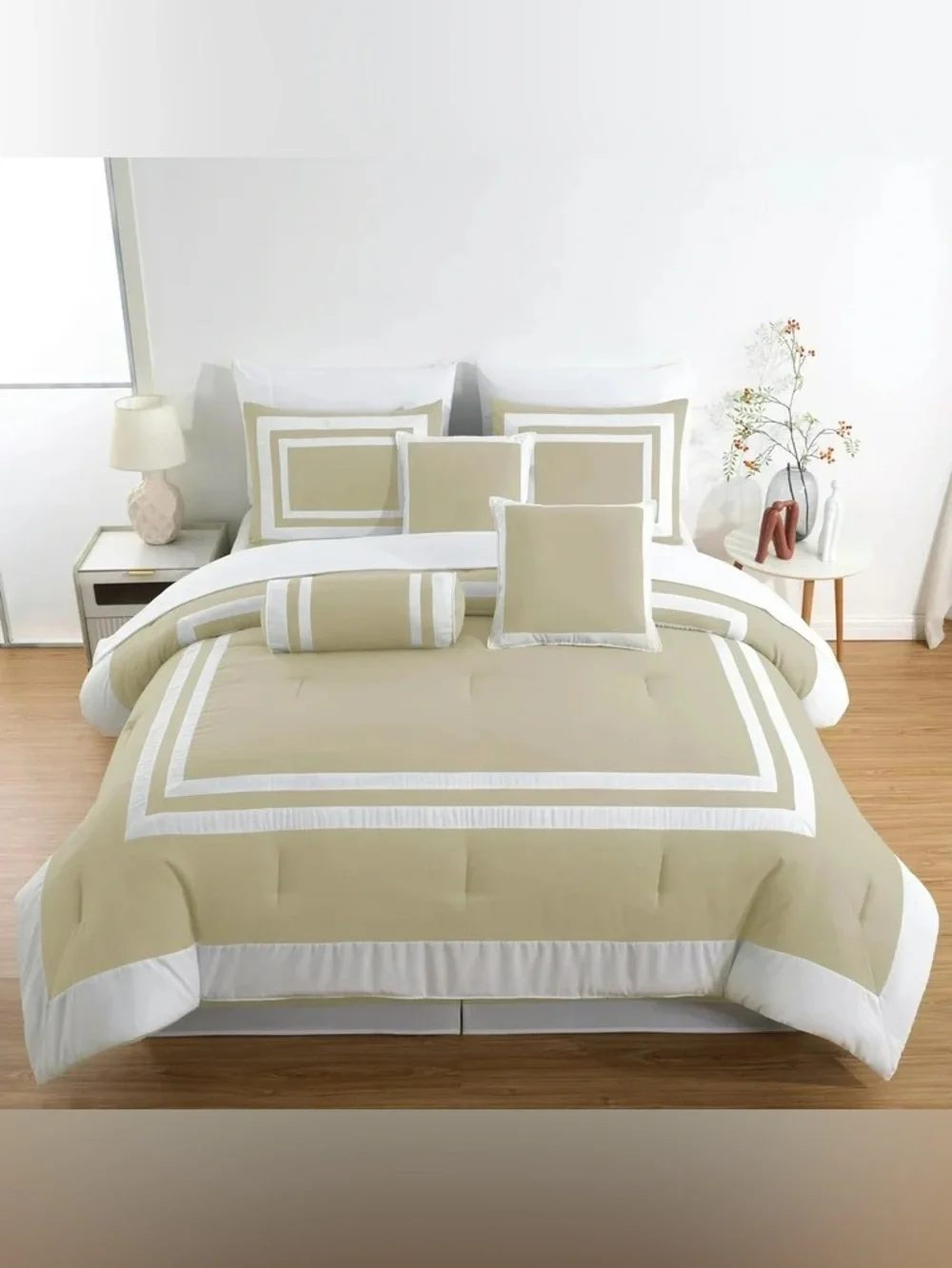 White and taupe Queen 3 piece comforter set