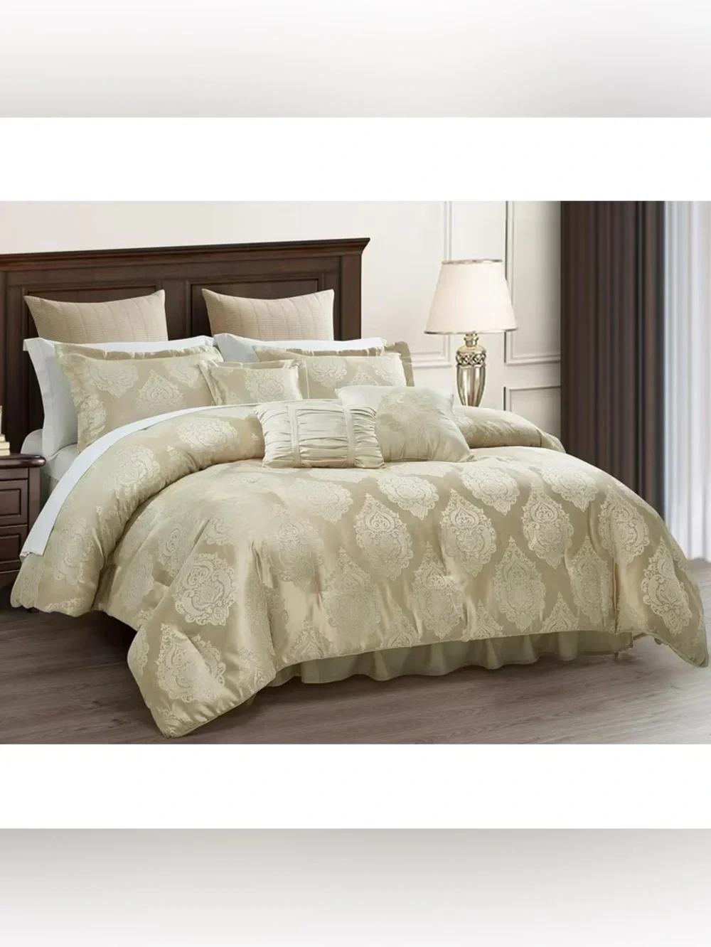 Luxury Damask queen 3 piece Comforter Set in Beige