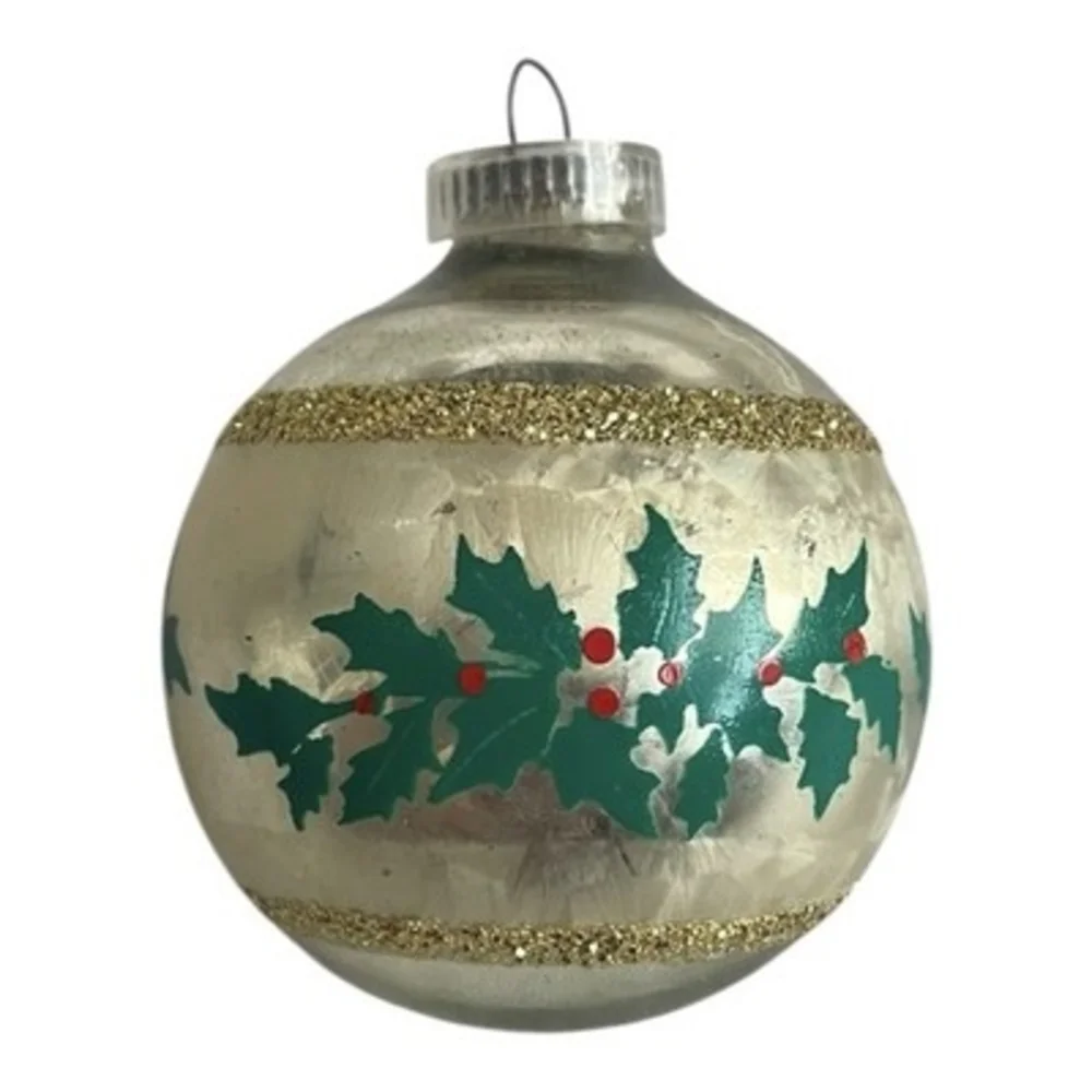 Vintage Austrian Silver Glass Ball Christmas Ornament Holly Band Decor Good