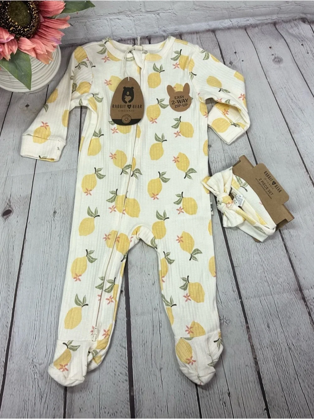 NWT Rabbit & Bear Lemon Print Footed One-Piece 6-9M coquette boho cottagecore