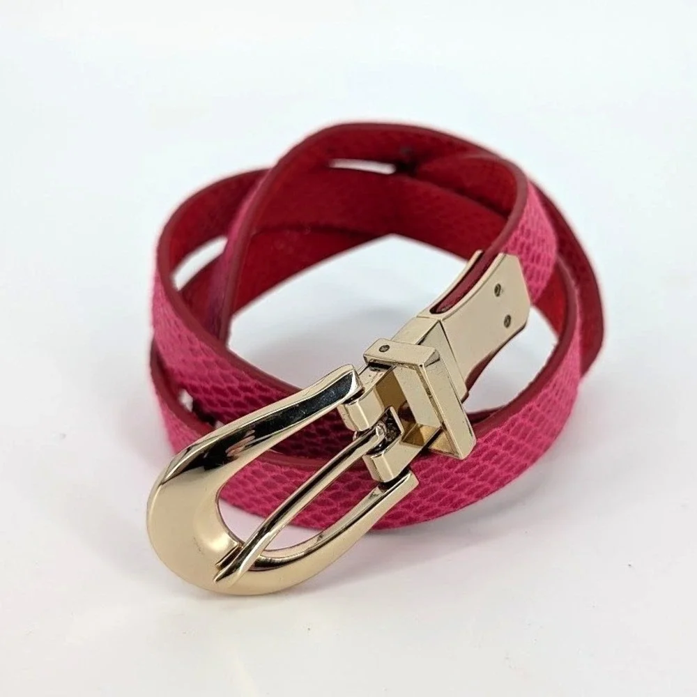 Reversible Skinny Belt Pink Red Snakeskin Embossed Gold Buckle S/M