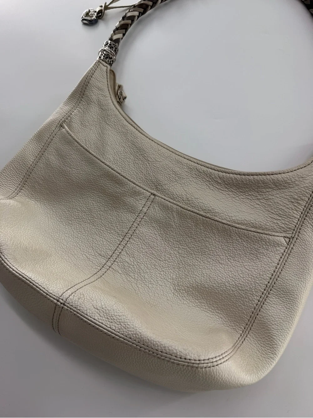 Brighton Barbados Ziptop Hobo bag in Zinc Pearl leather hand-braided strap purse