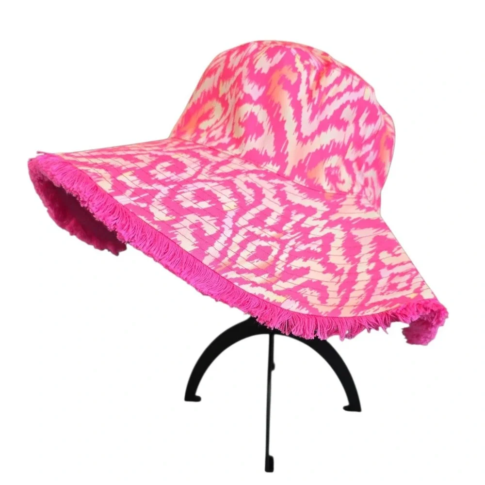 NWT Sprigs Ikat Wide Brim Fringe Reversible Sun Hat UPF 50 pink orange