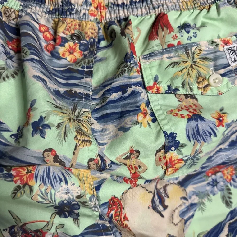 Polo Ralph Lauren Swim Trunks Sz M Green Hawaiian Floral Hulu Girl Preppy Beach