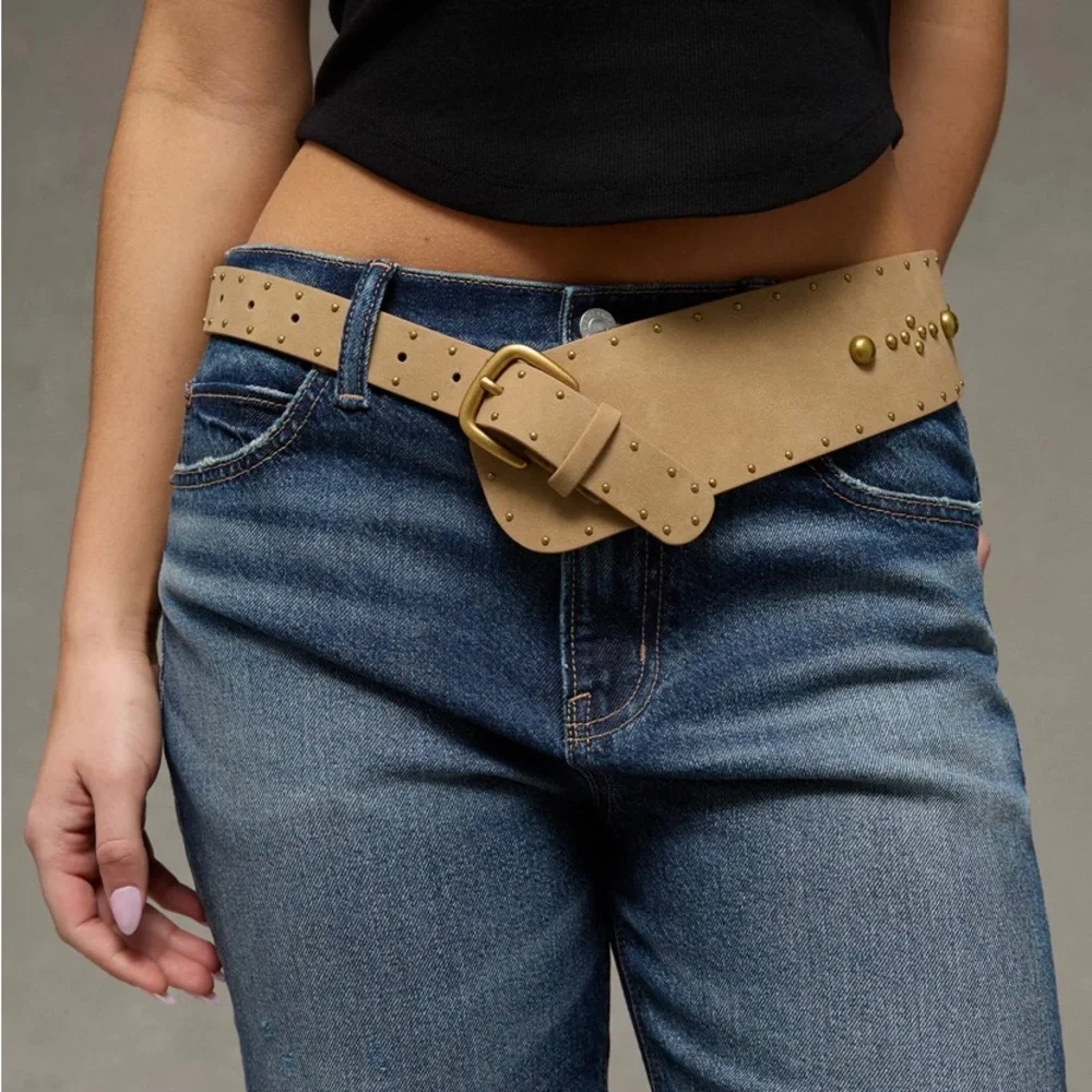American Eagle Outfitters Tan Studded Waist Belt with Gold Hardware