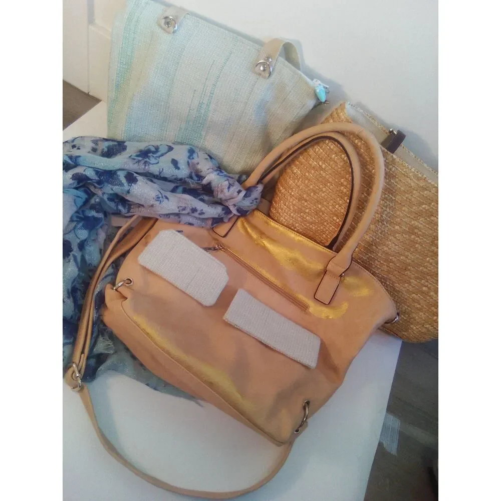 Quirky 3-Bag Bundle! Vegan Tote w/scarf & gold paint, Woven Purse, & Lancôme Bag