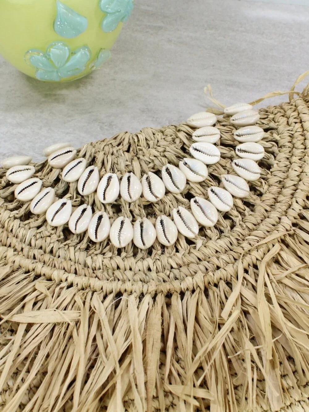 Handmade Boho Raffia Fringe Foldover Arc Clutch Bag with Seashells