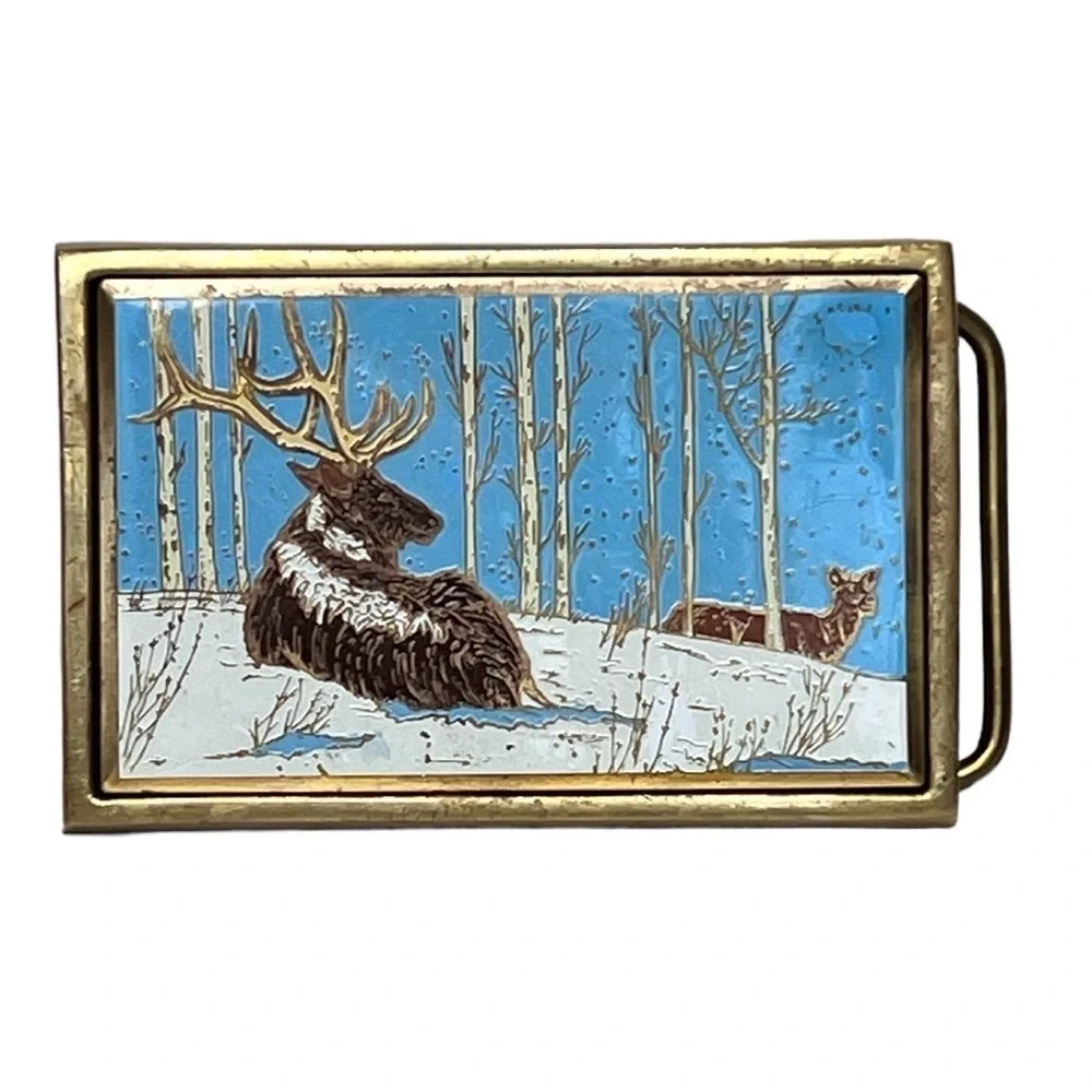 Vintage NAP, Inc Brass Belt Buckle Elk Deer Hunting Western 1980s