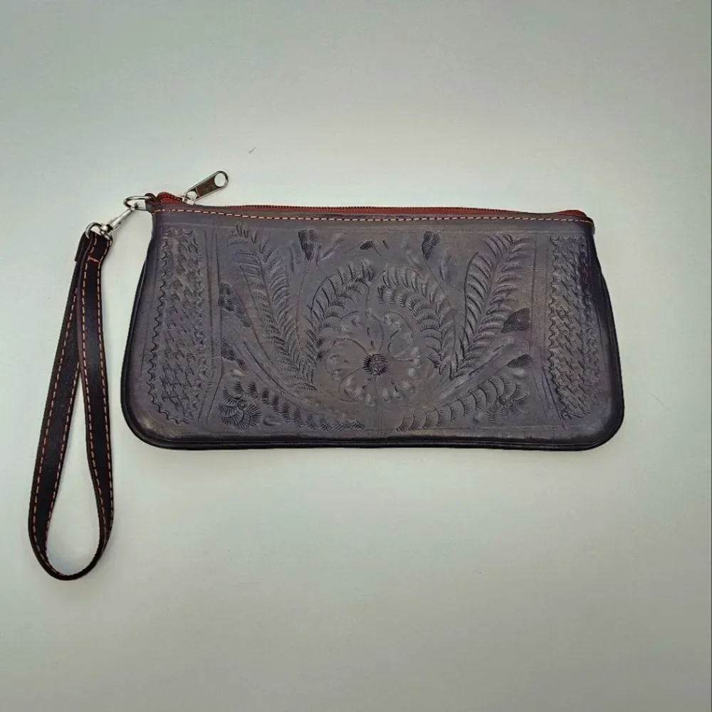 Leather embossed brown clutch wristlet