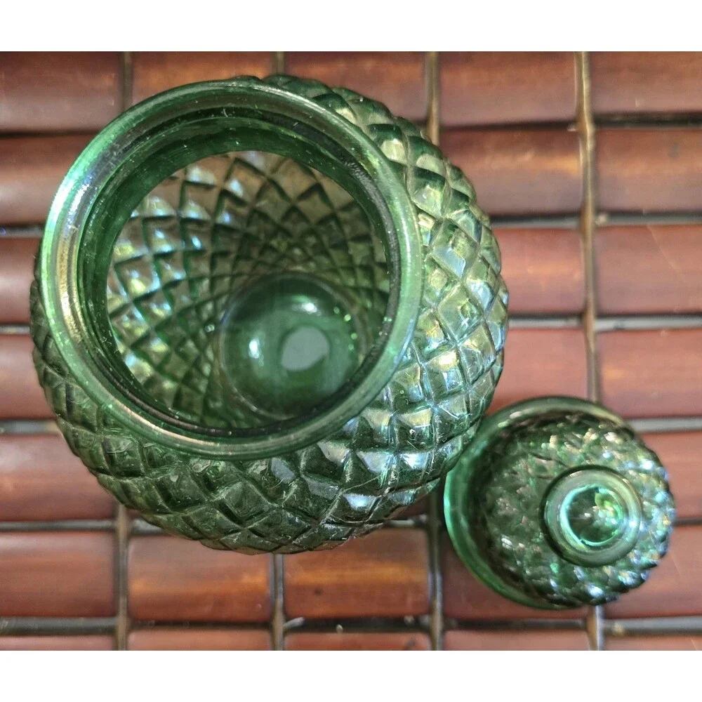 Apothecary Jar w/ Lid Vintage Emerald Green Diamond Cut Pressed Glass 6.5