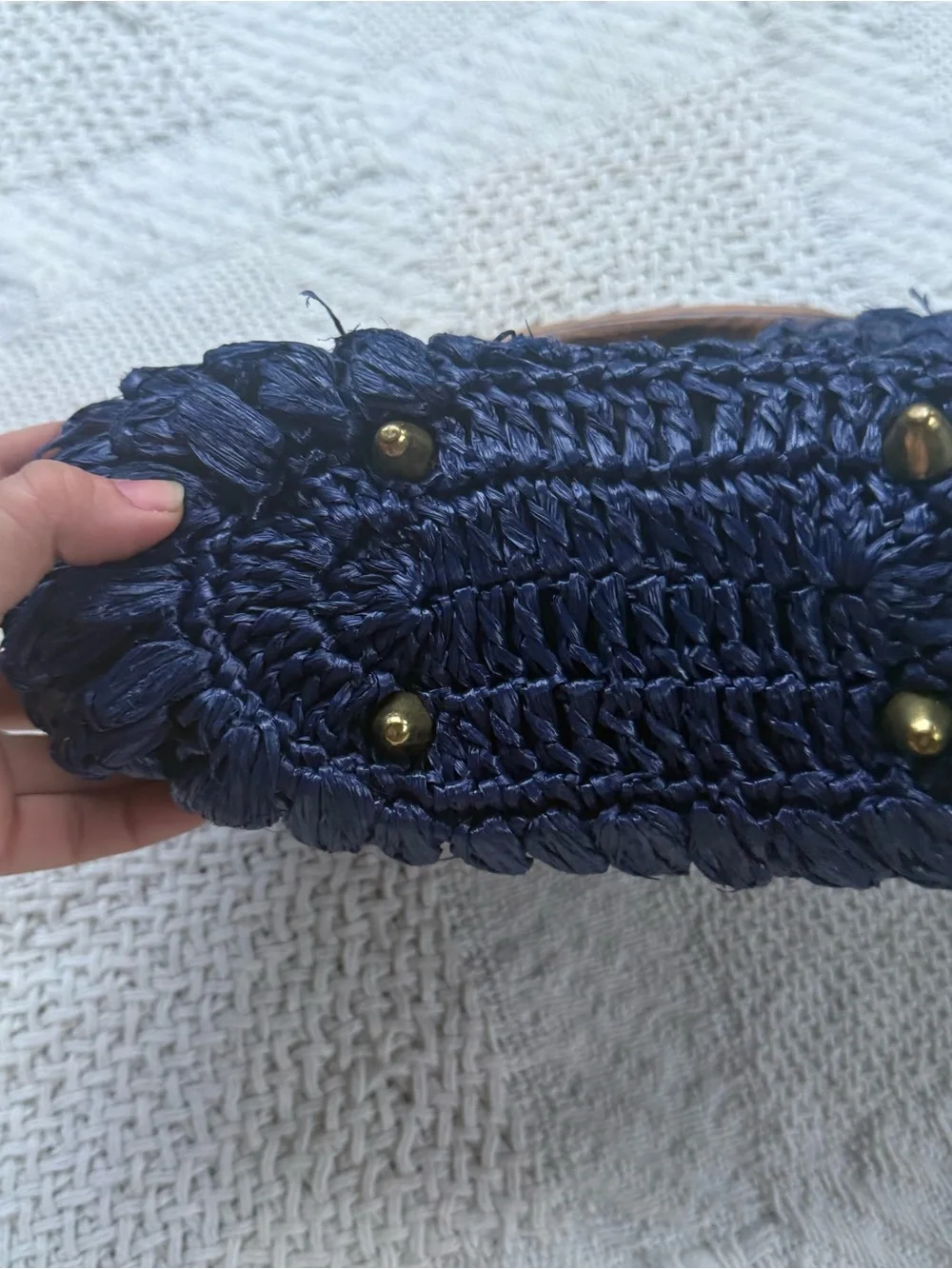 Vintage Blue Raffia Straw Purse Basket Weave Wood Handle Made in Japan Bohemian