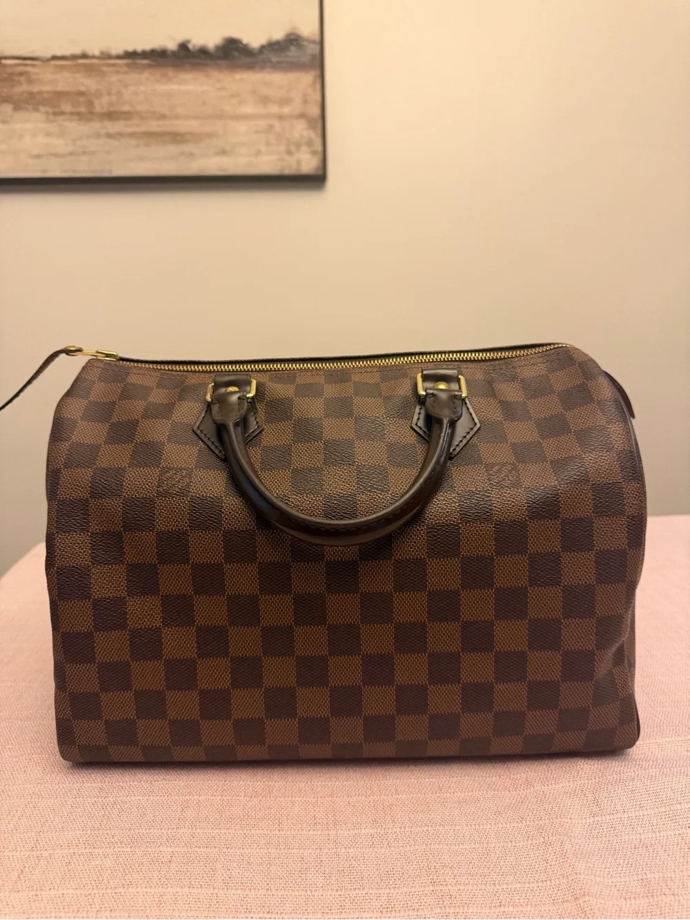 Men's Brown Checkered Top-Handle Bag