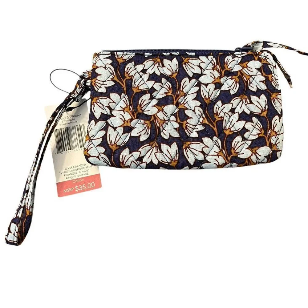 Vera Bradley PAWPAW FLOWER Essential Zip Wristlet NWT Navy Blue Brown