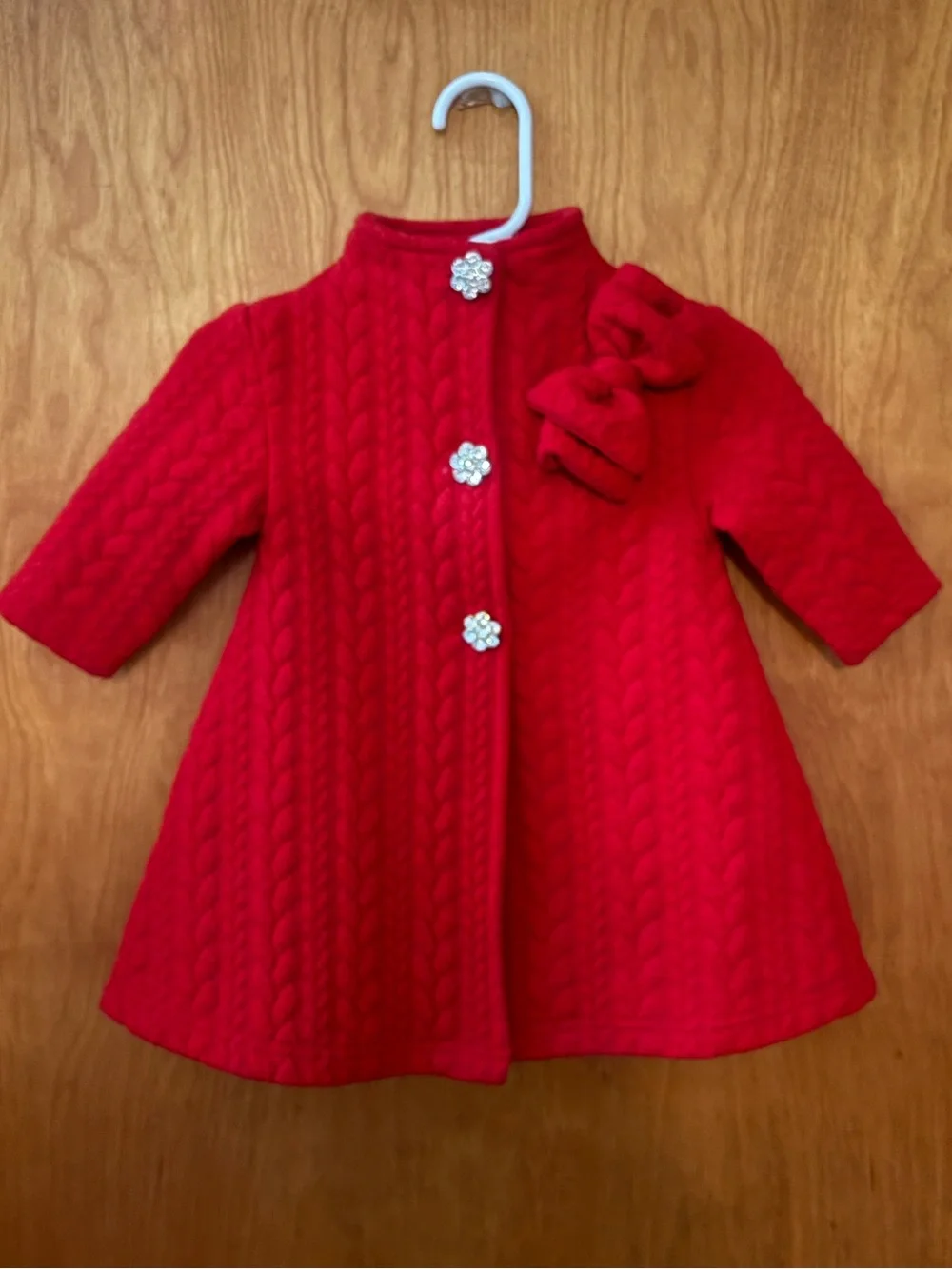 Blueberi Boulevard Red Baby Girl Dress Coat, Rhinestone Buttons, 3-6 months