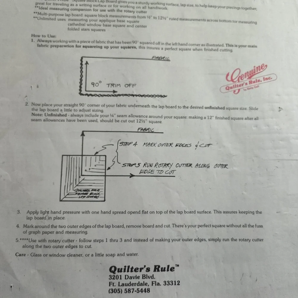 1980 Betty Gall Quilters Rule QRB12 Squar Block Lap Board 16.5X16.5 B23.3GA-3580