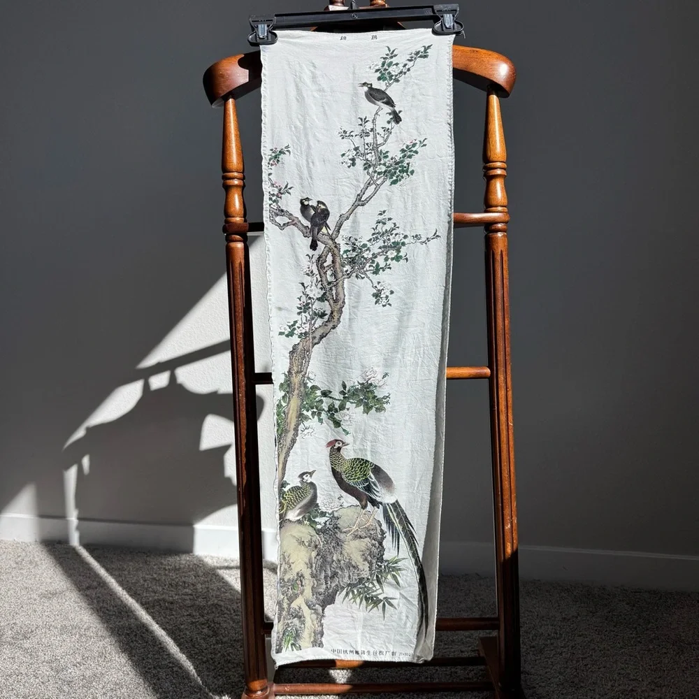Chinese Woven Silk Tapestry Wall Hanging Birds Bamboo Dujinsheng Hangzhou 27x92