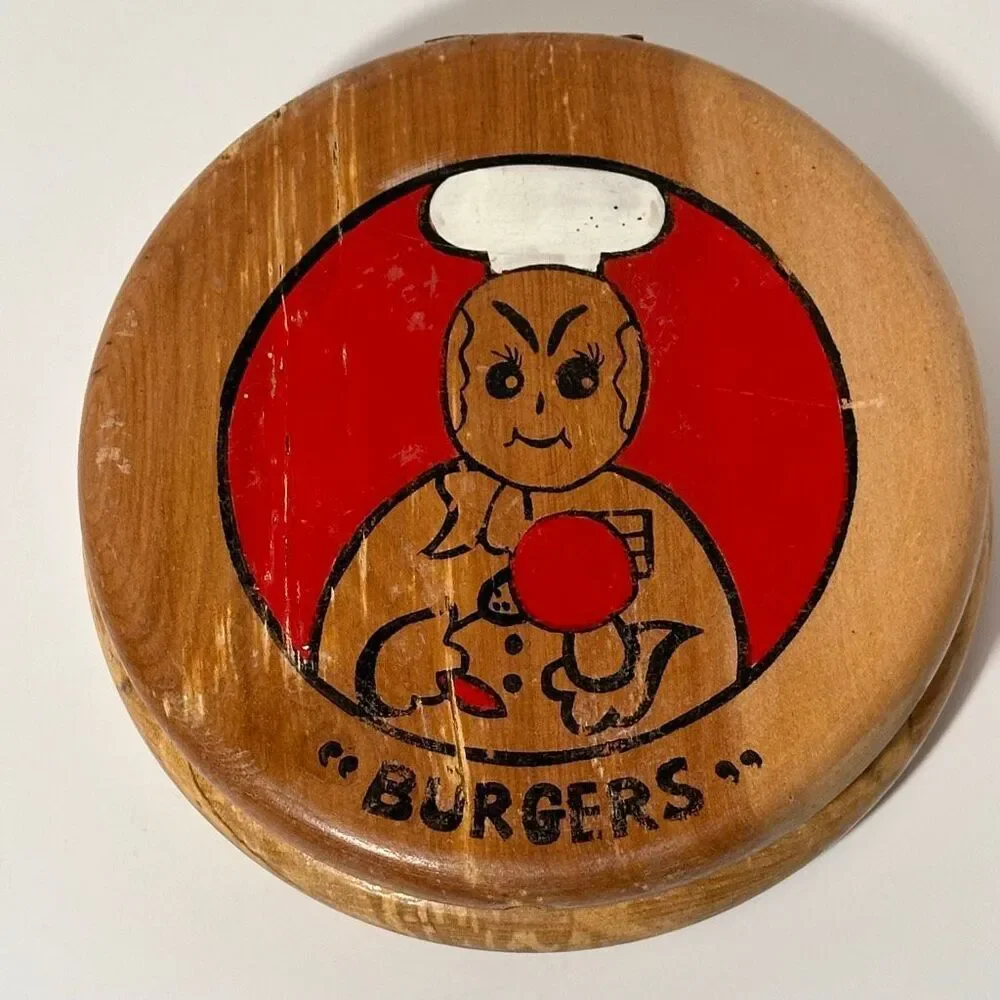 Vintage Wooden Hamburger Patty Press with a Hand Painted Chef