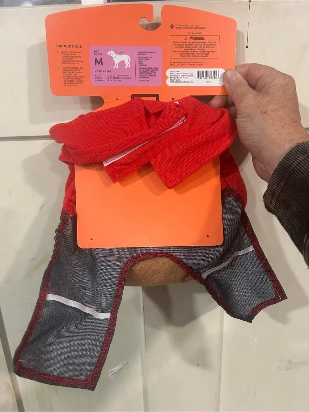 Boots & Barkley Red and Gray Delivery Dog Costume with Plush Bag