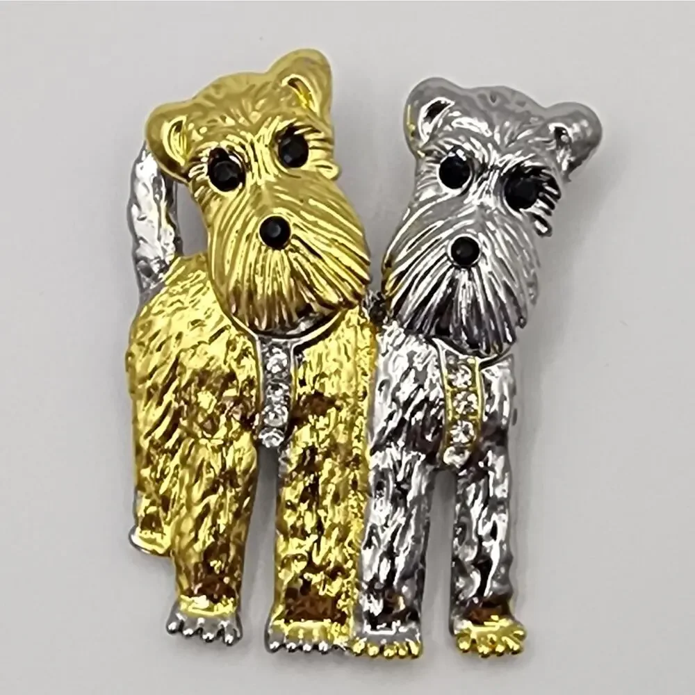 Schnauzer Dog Brooch Moving Heads Gold Tone & Silver Tone Metal Rhinestone Trim