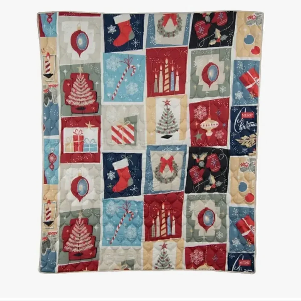 NEW! Merry Retro Christmas Printed Quilt Set Holidays Winter Wreath Joy