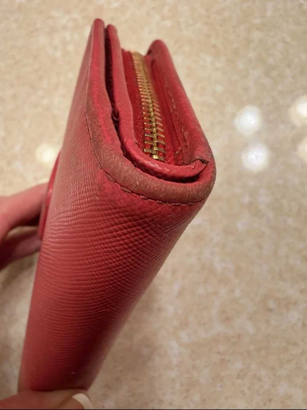 Prada Red Saffiano Zip-Around Wallet with Gold Logo