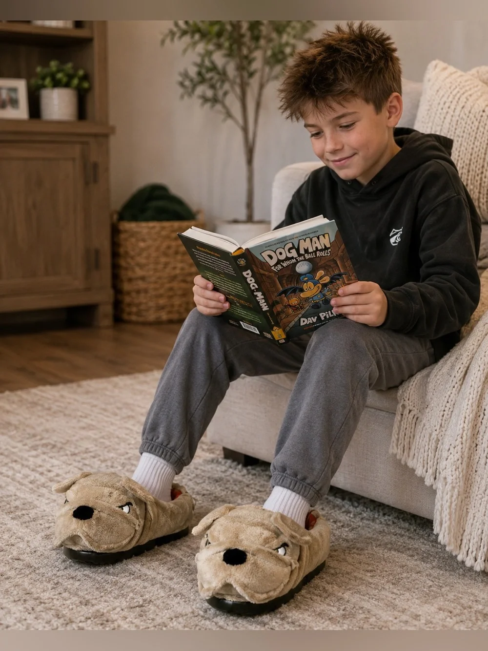 Wiggle Warms Bulldog Slippers | Big Kids XL (11–12) | Unisex Plush House Shoes