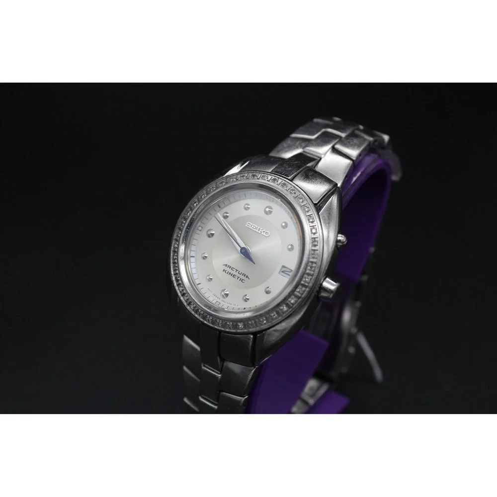 Seiko‎ Arctura Kinetic Diamond Bezel Watch 3M22-0D49 Silver Tone Exhibition Back