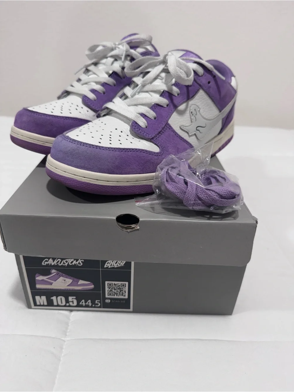 Purple and White Low-Top Sneakers with Ghost Logo