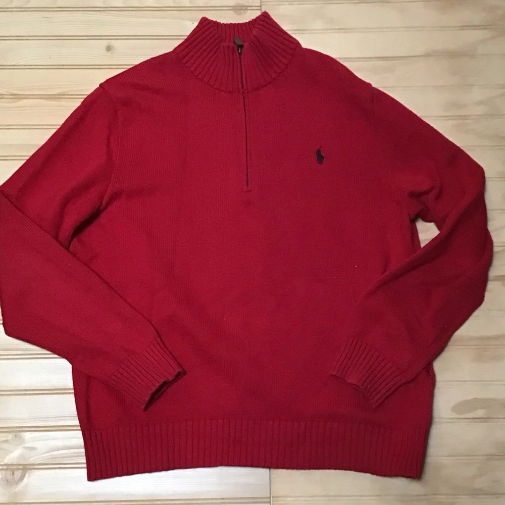 Polo Ralph Lauren Quarter Zip Black Logo Leather tab Zipper Red‎ Sweater Large