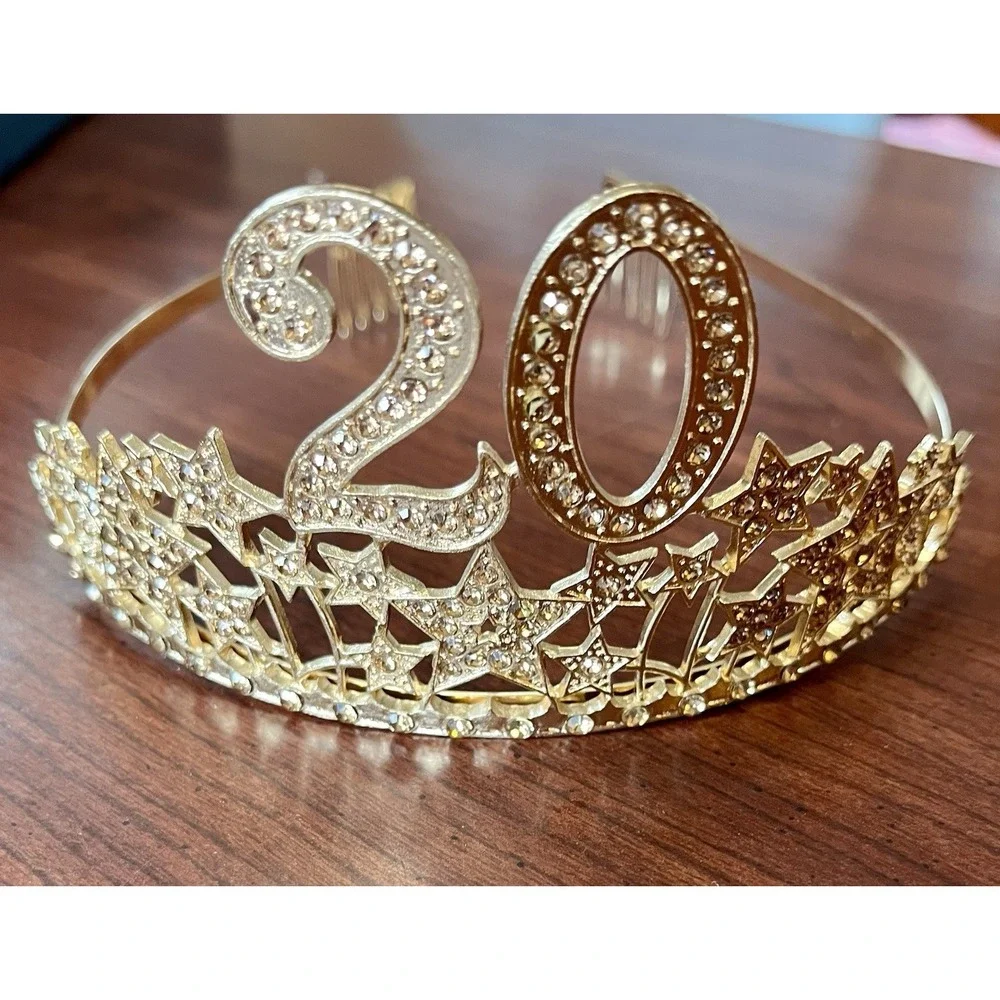 20 Year Birthday Work Anniversary Celebrate‎ Crown Gold Tone Rhinestone & Stars