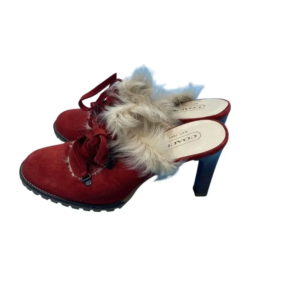Vintage Coach Kristy Red Suede Shearling Mules Italy 9