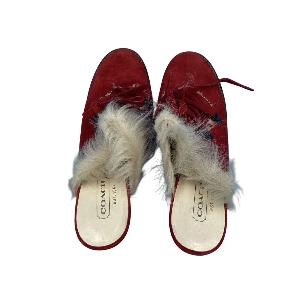 Vintage Coach Kristy Red Suede Shearling Mules Italy 9