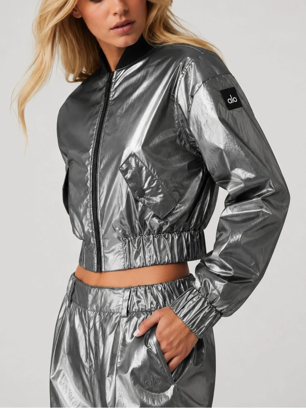 Retired Alo Yoga Metallic Cropped Break Line Bomber Jacket XS Silver Chrome NWT