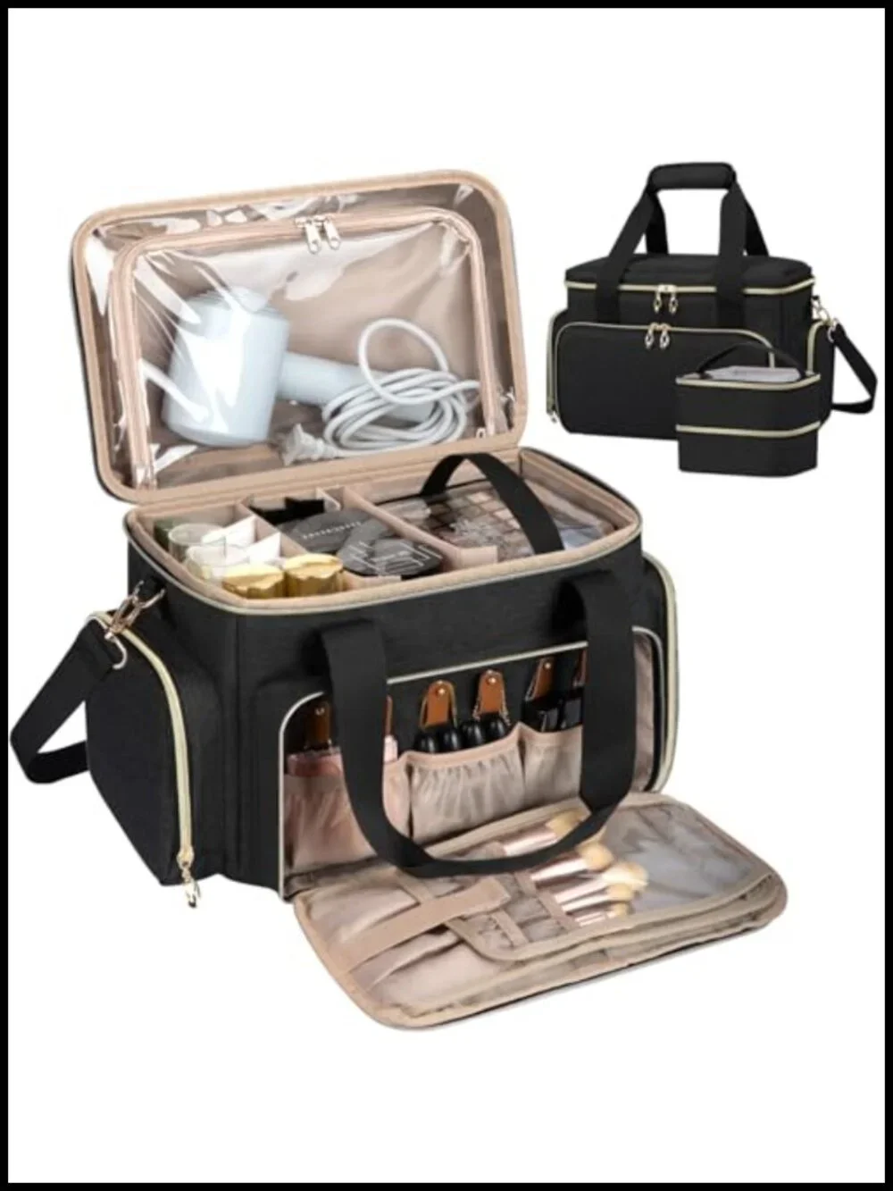 Large Travel Makeup Bag Organizer with 2 Removable Pouches & Dividers, Nylon