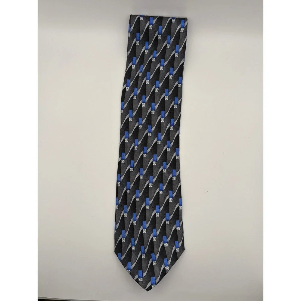 Louis Roth Mens Silk Tie Black Grey Blue Geometric Abstract Wavy Stripe Handmade