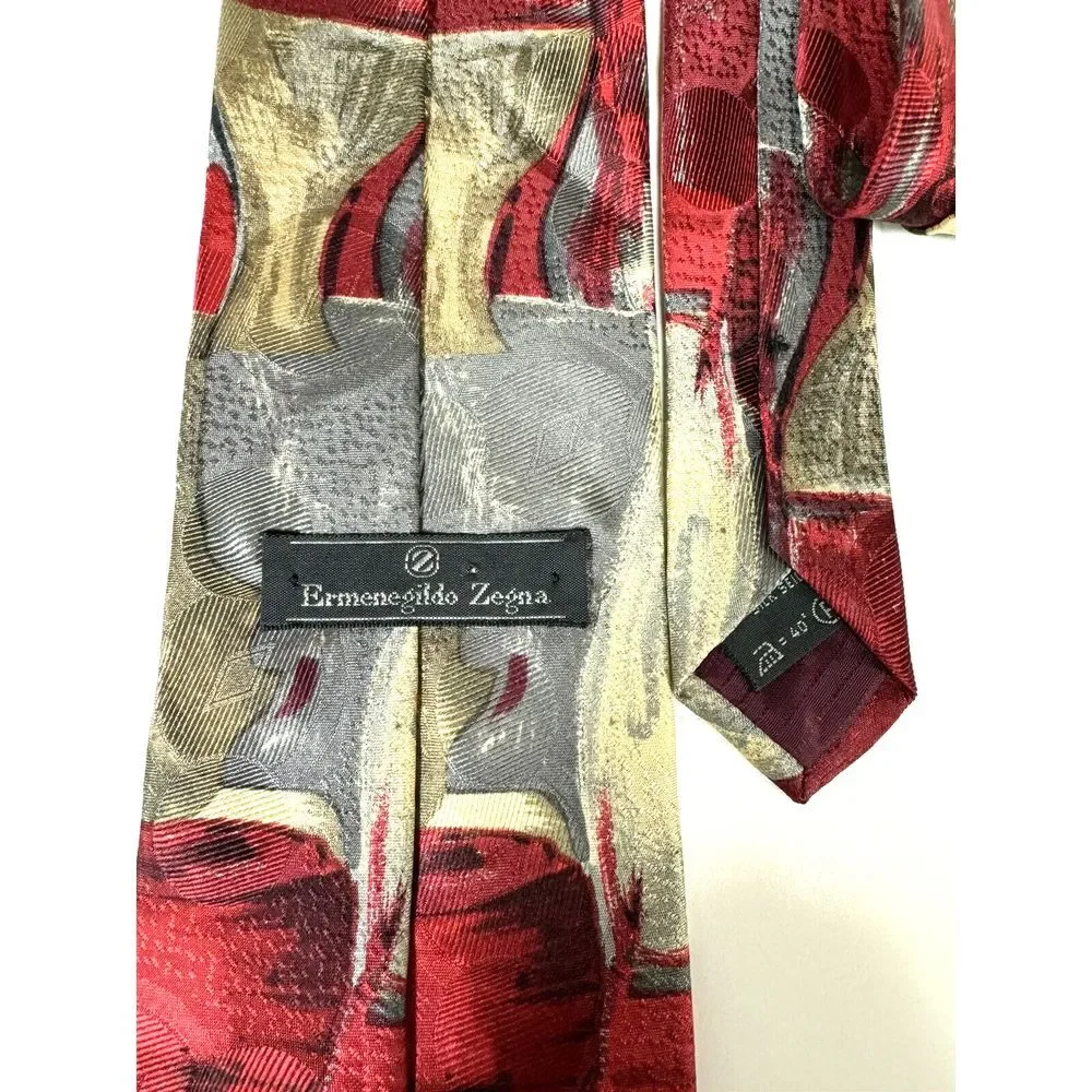 Ermenegildo Zegna‎ Maroon Gold Gray Silk Unique Pattern Made In Italy Tie