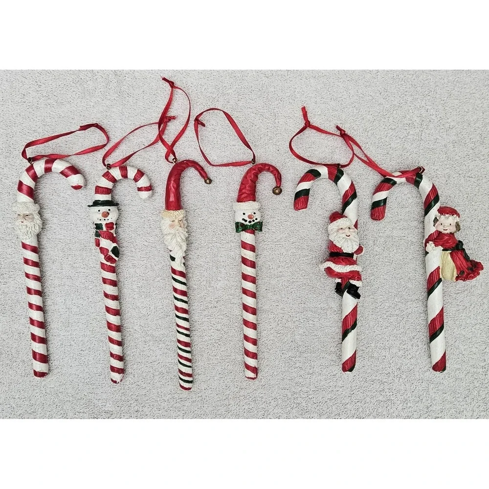 Six Vintage Intricate Candy Cane Ornaments‎ Santa Snowman Mrs. Claus