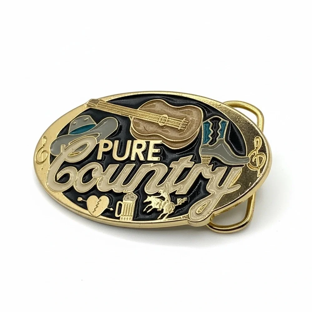 Pure Country Belt Buckle Gold Tone Enamel Guitar Cowboy Hat‎ Made in USA 0320