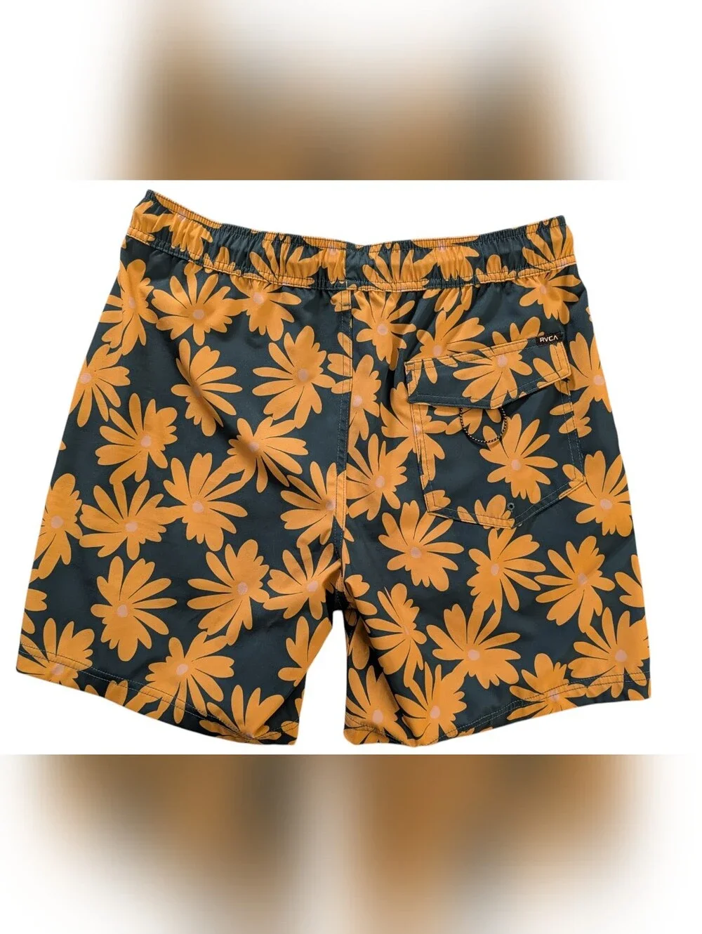 RVCA Swim Trunks Mens Medium Green Yellow Floral Daisy Boardshorts Shorts M